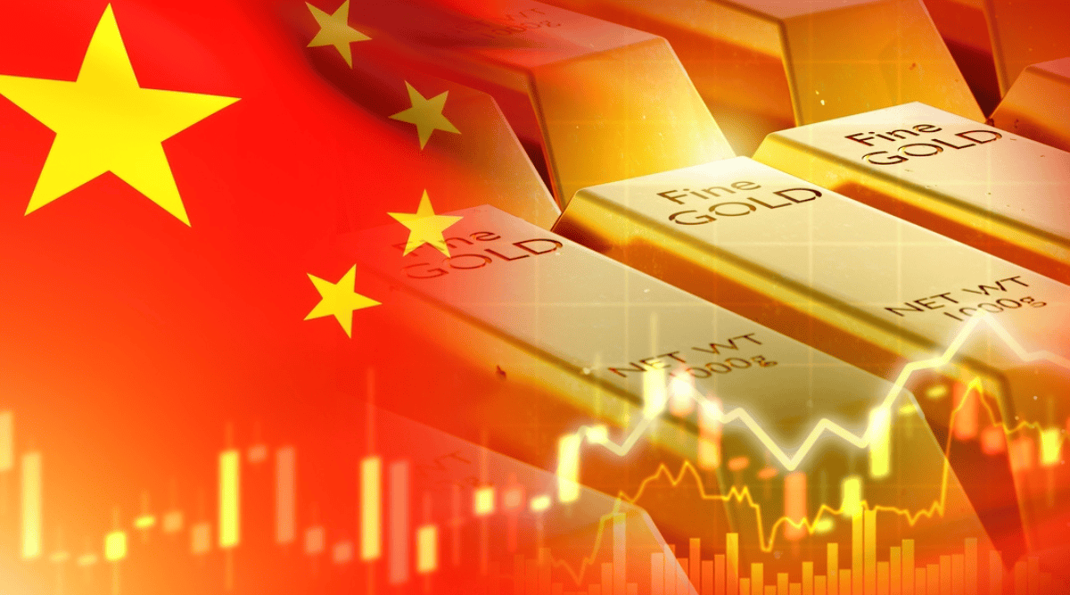 Chinese flag and gold bars showing charts increasing over time.