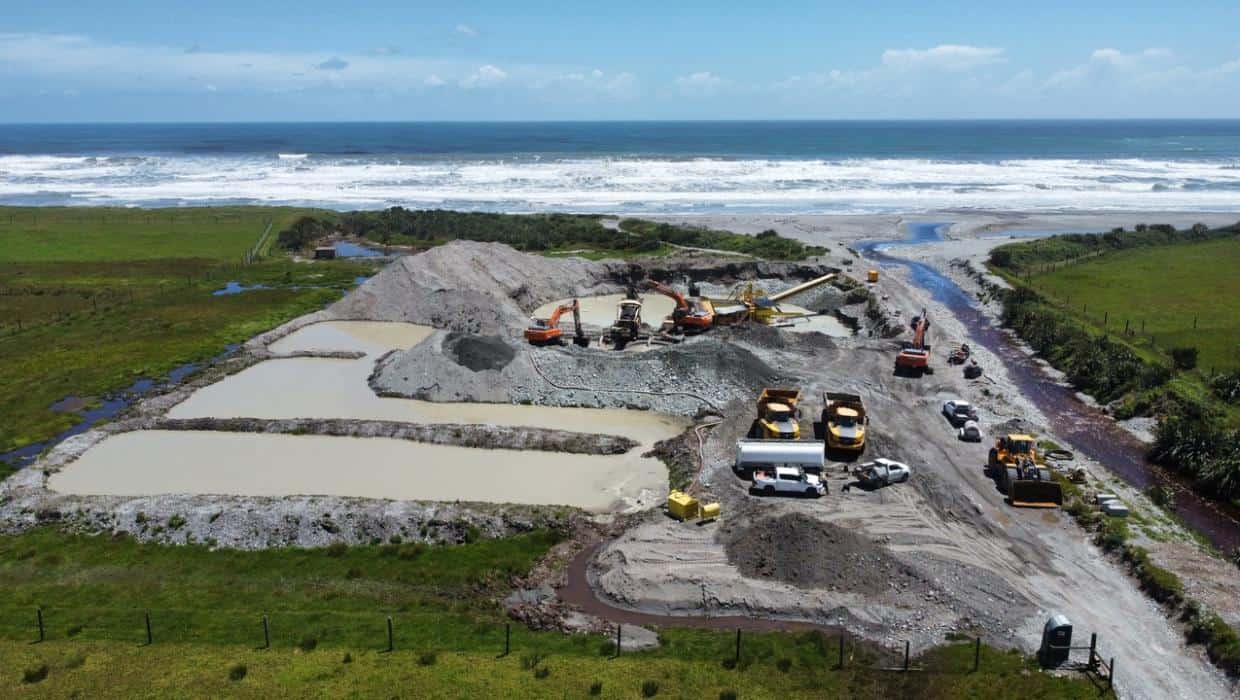 Aerial shot of an alluvial goild mining operation on New Zealand's west coast