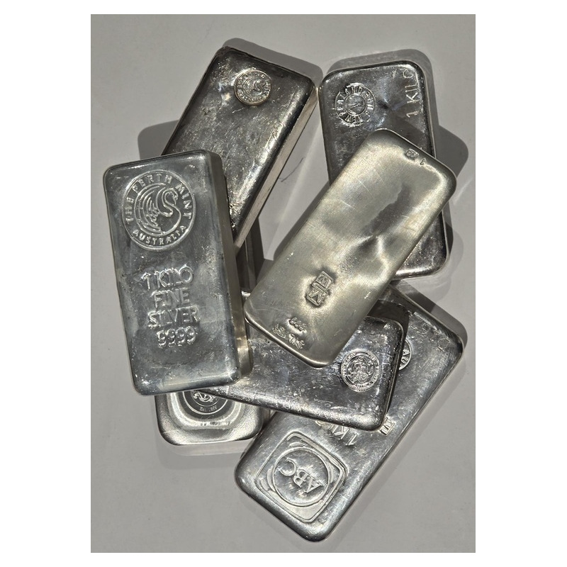 WHILE STOCKS LAST Various Mints 1 Kg Silver Bar 99.9% Merchants Choice. Max Purchase 15Kgs